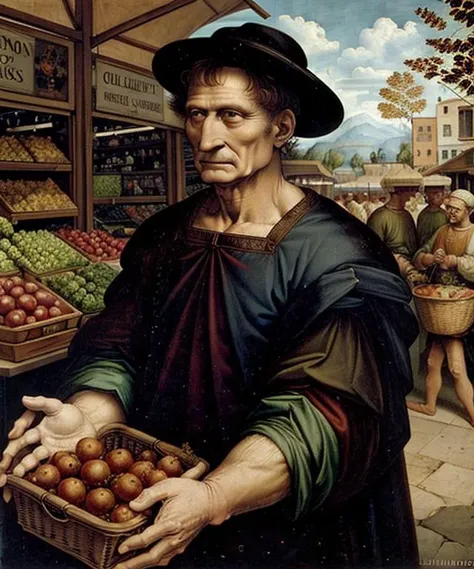 man at the market, oil painting by wjqleonardo, <lora:wjqleonardo-12:1>