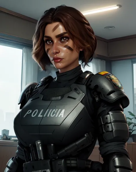 Mira, short hair, brown hair, brown eyes, facial mark,
standing, upper body,
police uniform, armor, policia,
indoors, police station,
(insanely detailed, beautiful detailed face, masterpiece, best quality),
<lora:Mira:0.8>