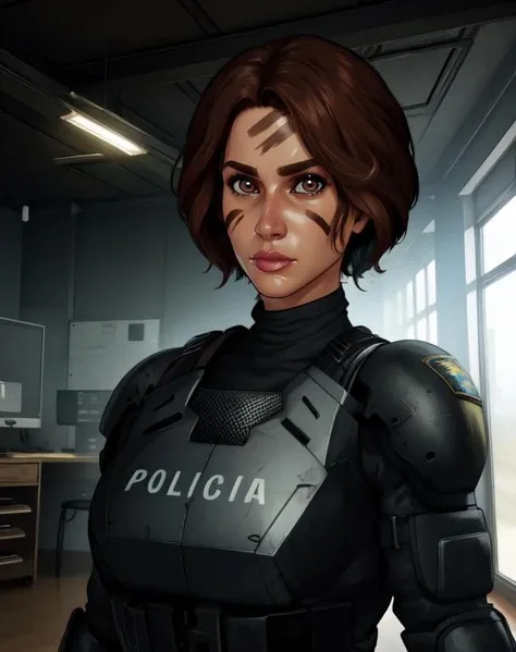 Mira, very short hair, black hair, brown eyes, facial mark,
standing, upper body, looking at viewer,
police uniform, armor, policia,
indoors, police station,
(insanely detailed, beautiful detailed face, masterpiece, best quality),
<lora:Mira:0.8>