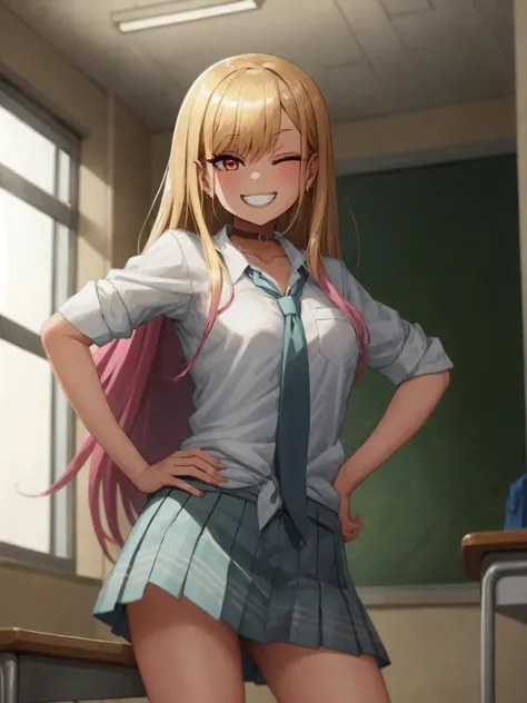 SLE, mksks style, detailed background solo, 1girl, kitagawa marin, kitasch, standing, hand on hip, (one eye closed), (v over eye), smile, grin, teeth, looking at viewer, cowboy shot, school, classroom, sunlight, indoors