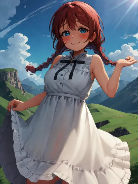 SLE, mksks style, detailed background solo, 1girl, emma verde, red hair, blue eyes, twin braids, white dress, sleeveless dress, frilled dress, frills, dress lift, lifted by self, smile, blush, looking at viewer, standing, clothes grab, cowboy shot, mountains, alps, blue sky, clouds, sunlight, outdoors