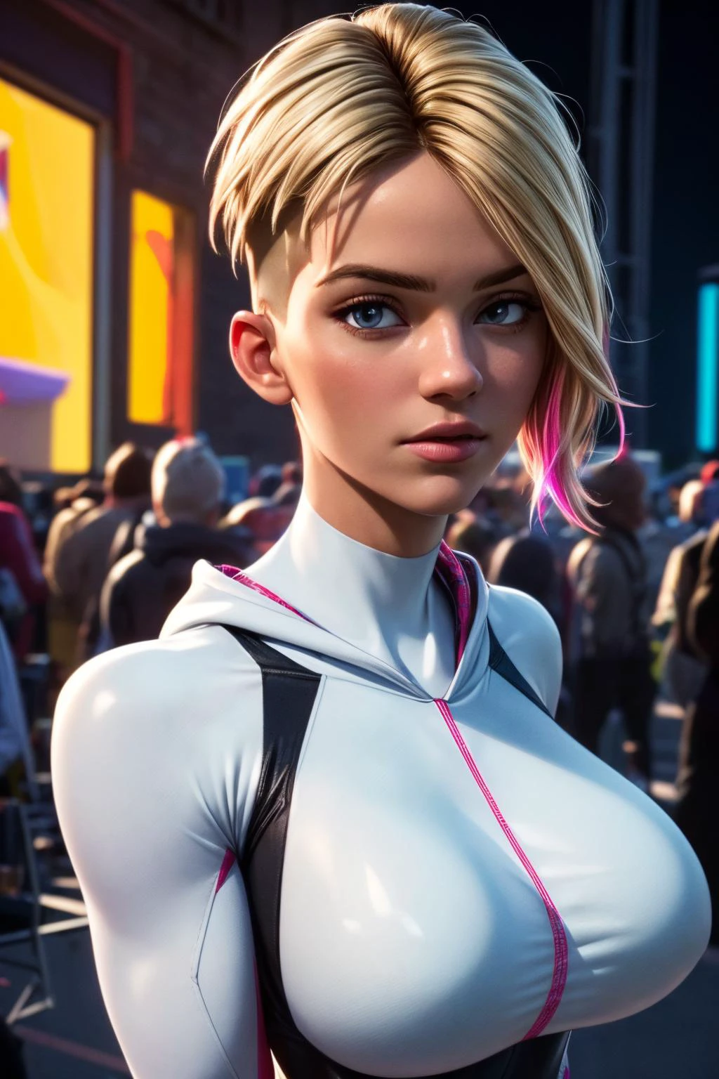 (ultra realistic,32k, masterpiece:1.2),(high detailed skin:1.1),( 8k uhd, dslr, high quality:1.1),
<lora:SVerse_Gwen-DEF:0.6> Gwen, undercut, blonde, multicolored hair, bodysuit, web-print, hood down, , <lora:add_detail:0.87>, (huge breast:1.1),
(looking at viewer, Bend forward:1.1),
,(glow in the dark:1.1),A musical concert environment