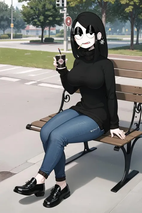 masterpiece, best quality, veronica, 1girl, black turtleneck sweater, jean pants, black shoes, smoking, cigarette, holding, cup, sitting, crossed legs, front view, looking at viewer, outdoor, park, bench, full body, <lora:veronica-06_v2:0.9>