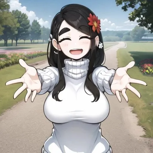 masterpiece, best quality, veronica, 1girl, flower in hair, smile, (open mouth, happy, closed eyes), (white) turtleneck sweater, (open arms), open hands, pov, standing, bright color, outdoor, summer, landscape, blue  sky, flowers, path, meadow, sun, sunshine, cowboy shot, <lora:veronica-06_v2:0.75>