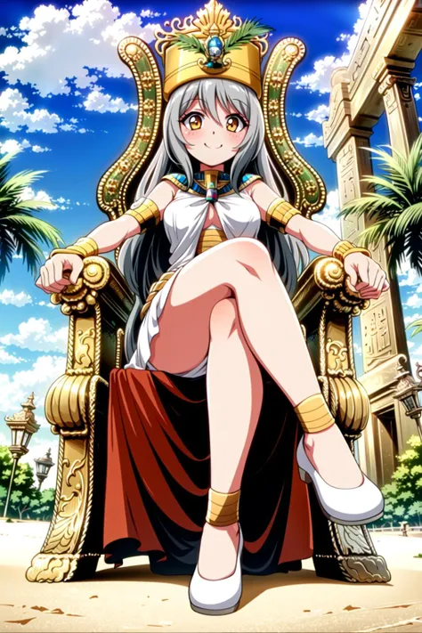 (masterpiece:1.5), best quality, (1girl, solo),
umami, throne, 1girl, crossed legs, sitting, crown, long hair, smile, jewelry, breasts, palm tree, yellow eyes, looking at viewer, armlet, tree, egyptian, solo, egyptian clothes, sky, white hair, day
 <lora:Umami-0011:0.7> 
perfect anatomy, dynamic pose, full body, looking at viewer, outdoors ,egyptian city,((( blush)))
<lora:GoodHands-beta2:0.8>