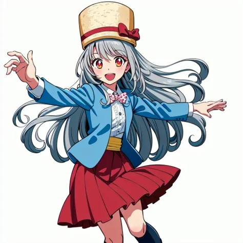 perfect anatomy,cowboy shot, dynamic pose, upper body,
masterpiece, best quality, (1girl, solo),
umami, 1girl, solo, long hair, hat, skirt, open mouth, socks, grey hair, smile, white background, blue jacket, shoes, full body, kneehighs, red skirt, standing, looking at viewer, blush, white footwear, bow, orange eyes, jacket, black socks, red eyes, pleated skirt, hat bow <lora:Umami:0.65>