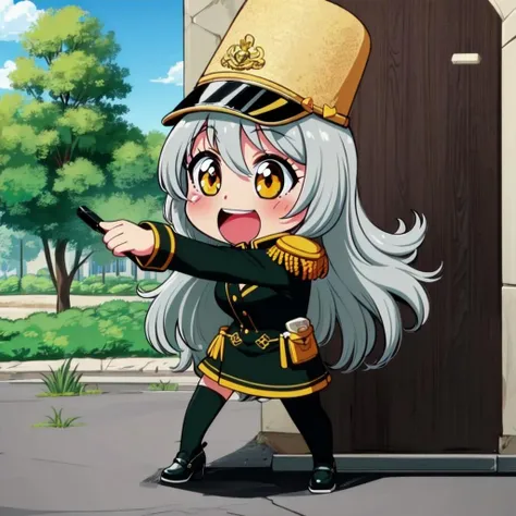masterpiece, best quality, (1girl, solo),
umami, 1girl, shako cap, long hair, hat, open mouth, epaulettes, parody, smile, skirt, thighhighs, band uniform, :d, fake screenshot, grey hair, yellow eyes, solo, style parody.chibi
<lora:Umami-0011:0.65>
perfect anatomy, dynamic pose, full body, 
outdoors,((( blush)))