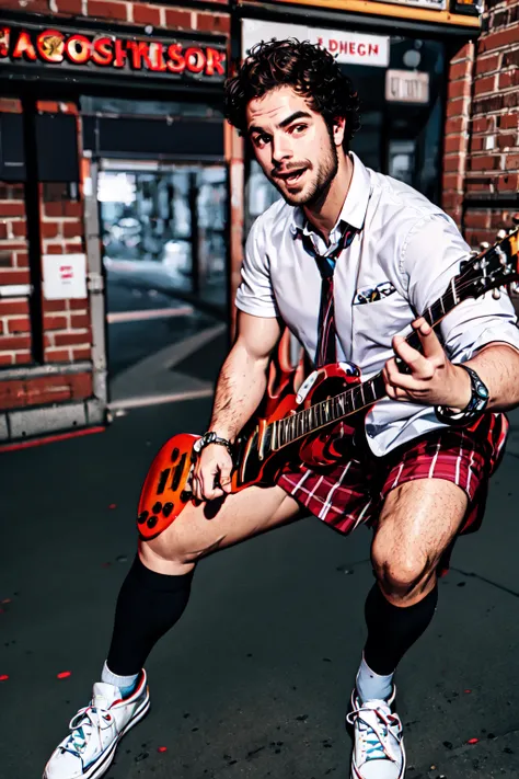 Dewey Finn, (masterpiece, best quality, ultra-detailed, highres),male focus, facial hair, 1boy,((solo focus)),necktie, guitar, instrument, male focus, leg hair, shirt, shorts, facial hair, arm hair, shoes, white shirt, socks, beard, collared shirt, sneakers, black hair, watch, electric guitar, middle finger, wristwatch, bracelet, looking at viewer, kneehighs, jacket, plaid, city background, street, <lora:Dewey_Finn-10:1>
