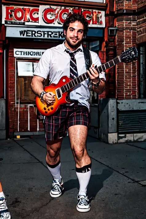 Dewey Finn, (masterpiece, best quality, ultra-detailed, highres),male focus, facial hair, 1boy,((solo focus)),necktie, guitar, instrument, male focus, leg hair, shirt, shorts, facial hair, arm hair, shoes, white shirt, socks, beard, collared shirt, sneakers, black hair, watch, electric guitar, middle finger, wristwatch, bracelet, looking at viewer, kneehighs, jacket, plaid, city background, street, <lora:Dewey_Finn-10:1>