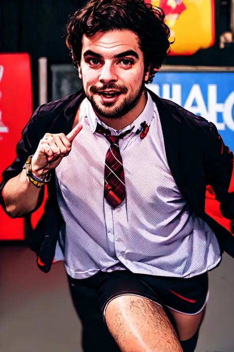 Dewey Finn, (masterpiece, best quality, ultra-detailed, highres),male focus, facial hair, 1boy,((solo focus)),necktie, guitar, instrument, male focus, leg hair, shirt, shorts, facial hair, arm hair, shoes, white shirt, socks, beard, collared shirt, sneakers, black hair, watch, electric guitar, middle finger, wristwatch, bracelet, looking at viewer, kneehighs, jacket, plaid, city background, street, <lora:Dewey_Finn-10:1>