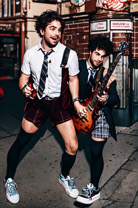 Dewey Finn, (masterpiece, best quality, ultra-detailed, highres),male focus, facial hair, 1boy,((solo focus)),necktie, guitar, instrument, male focus, leg hair, shirt, shorts, facial hair, arm hair, shoes, white shirt, socks, beard, collared shirt, sneakers, black hair, watch, electric guitar, middle finger, wristwatch, bracelet, looking at viewer, kneehighs, jacket, plaid, city background, street, <lora:Dewey_Finn-10:1>