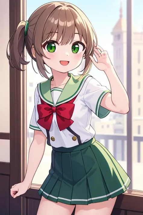masterpiece, best quality,1girl,ultra detail,Bekkanou <lora:1_bekkankou:0.8>,brown shorttwintail,white school uniform,green line,green eyes,smile,