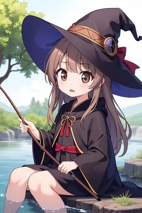 masterpiece, best quality,1girl,ultra detail,Bekkanou <lora:1_bekkankou:0.8>,(petite),lightbrown longhair,brown eyes,tareme,witch hat,black robe,fishing,shy