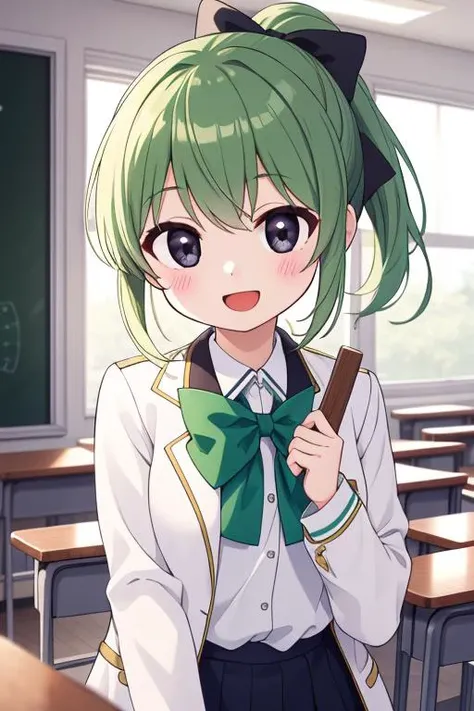 masterpiece, best quality,1girl,ultra detail,Bekkanou <lora:1_bekkankou:0.8>,green ponytail,black eyes,white large bow,school uniform ,green line,smile,open mouth,classroom,white jacket