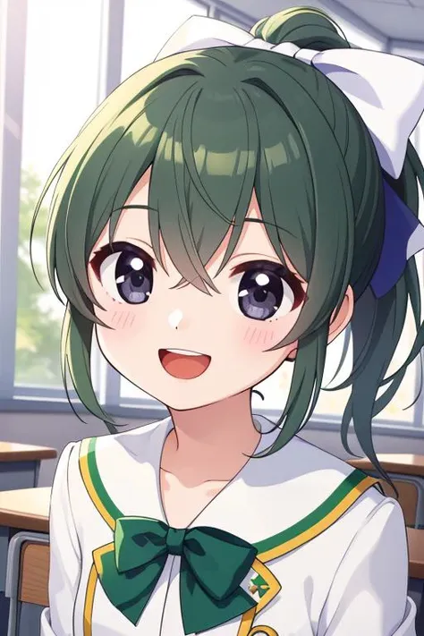 masterpiece, best quality,1girl,ultra detail,Bekkanou <lora:1_bekkankou:0.8>,green ponytail,black eyes,white large bow,school uniform ,green line,smile,open mouth,classroom,white jacket