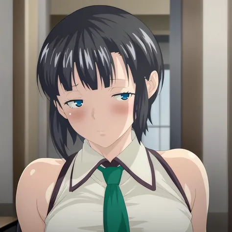 <lora:KanakoYoshinoXLpony001>,
blush,half closed eyes,looking to the side,
solo,
KanakoYoshino,1girl,black hair,short hair,blue eyes,
collared_shirt,sleeveless,green tie,
indoors,