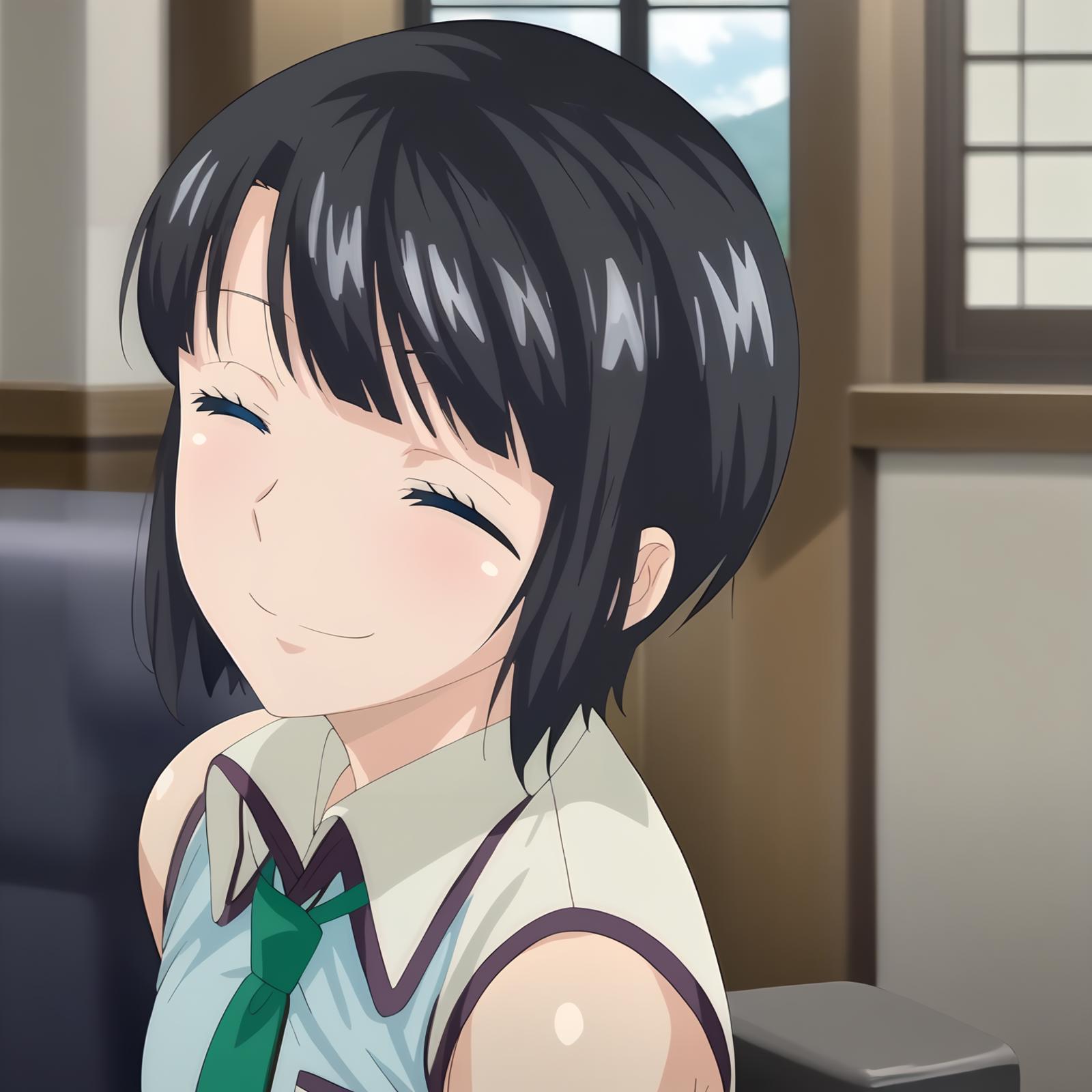 Anime image of a woman with a green tie and a white shirt - SeaArt AI