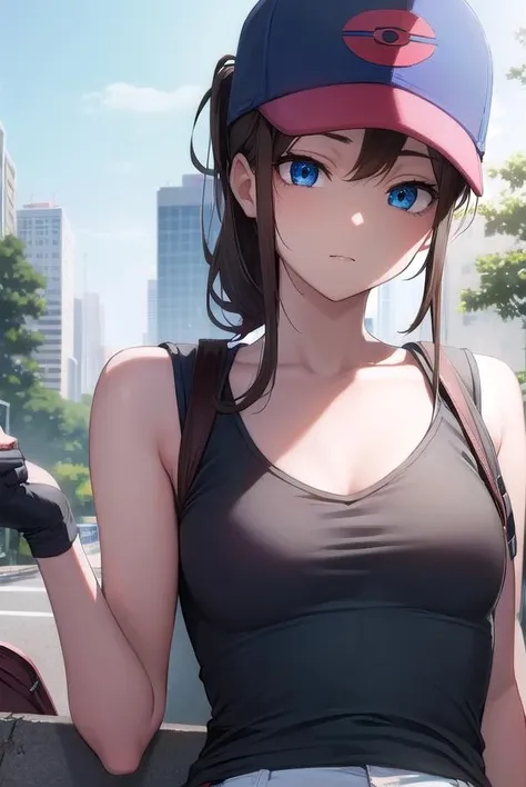 pokemonhilda, <lora:pokemonhilda-lora-nochekaiser:1>,
pokemonhilda, blue eyes, brown hair, long hair, ponytail, (small breasts:1.2),
BREAK baseball cap, blue shorts, denim, hat, shorts, vest, wristband, sleeveless, black vest, white shirt, shirt,
BREAK looking at viewer, (upper body:1.2),
BREAK outdoors, city, sky,
BREAK <lyco:GoodHands-beta2:1>, (masterpiece:1.2), best quality, high resolution, unity 8k wallpaper, (illustration:0.8), (beautiful detailed eyes:1.6), extremely detailed face, perfect lighting, extremely detailed CG, (perfect hands, perfect anatomy),