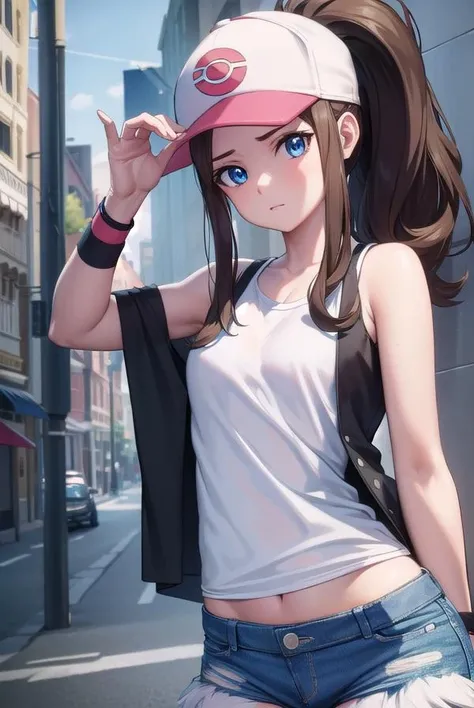 pokemonhilda, <lora:pokemonhilda-lora-nochekaiser:1>,
pokemonhilda, blue eyes, brown hair, long hair, ponytail, (small breasts:1.2),
BREAK baseball cap, blue shorts, denim, hat, shorts, vest, wristband, sleeveless, black vest, white shirt, shirt,
BREAK looking at viewer, (upper body:1.2),
BREAK outdoors, city, sky,
BREAK <lyco:GoodHands-beta2:1>, (masterpiece:1.2), best quality, high resolution, unity 8k wallpaper, (illustration:0.8), (beautiful detailed eyes:1.6), extremely detailed face, perfect lighting, extremely detailed CG, (perfect hands, perfect anatomy),