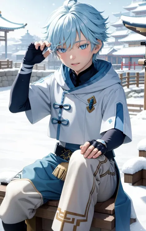 masterpiece, best quality,outdoors,snow,chongyun (genshin impact), 1boy, male child, solo, blue eyes, blue hair, gloves, ahoge, chinese clothes, short hair,(kbxll:0.5)