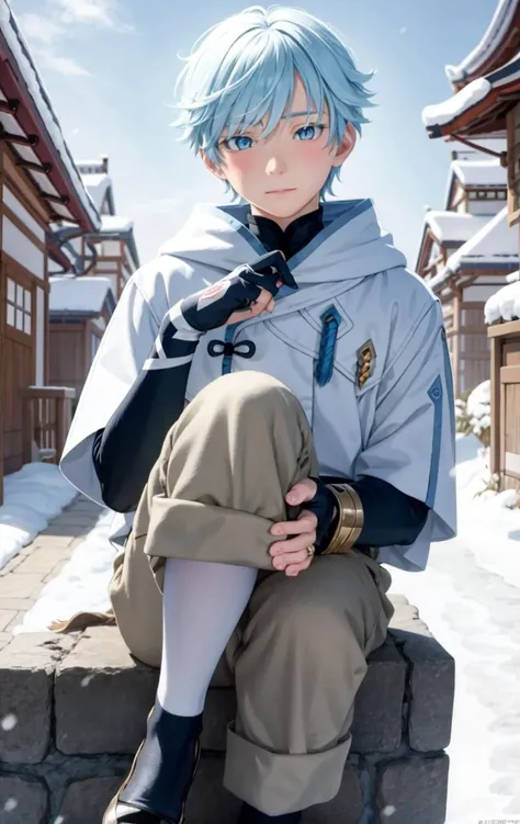 masterpiece, best quality,outdoors,snow,chongyun (genshin impact), 1boy, male focus, cat, blue hair, blue eyes, holding,gloves, animal, blush, bangs, upper body, hood,(kbxll:0.5)