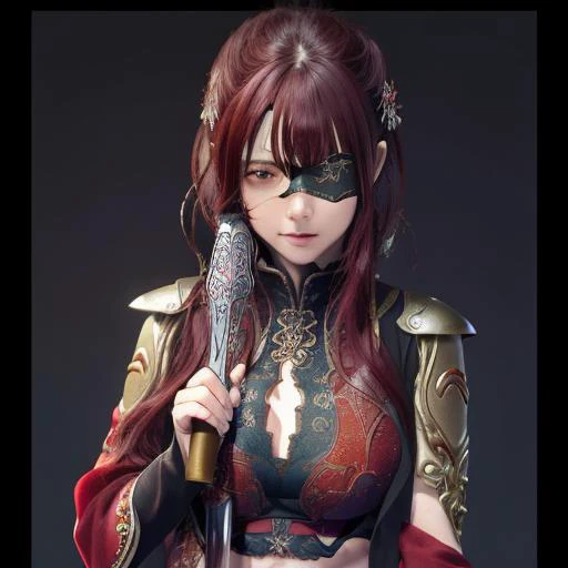 <lora:jingke:1>
(((masterpiece))),best quality, illustration,
(beautiful detailed girl),beautiful detailed glow,
(beautiful detailed eyes), eyepatch,
midriff,{{{half closed eyes}}},,big forhead,blank stare,
assassin, holding weapon, holding dagger, red hair,
{{{{{{detailed cute anime face}}}}}},(((masterpiece))),