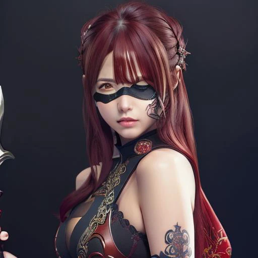 <lora:jingke:1>
(((masterpiece))),best quality, illustration,
(beautiful detailed girl),beautiful detailed glow,
(beautiful detailed eyes), eyepatch,
midriff,{{{half closed eyes}}},,big forhead,blank stare,
assassin, holding weapon, holding dagger, red hair,
{{{{{{detailed cute anime face}}}}}},(((masterpiece))),