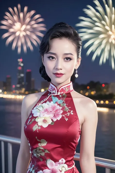 <lora:Lizhi-May11-000020:0.55>  ,
Ray Tracing, realistic, dramatic,street,new year, night,fireworks, 
1girl, qipao, (side_slit:1.2), looking at viewer, light smile, bokeh, parted lips,