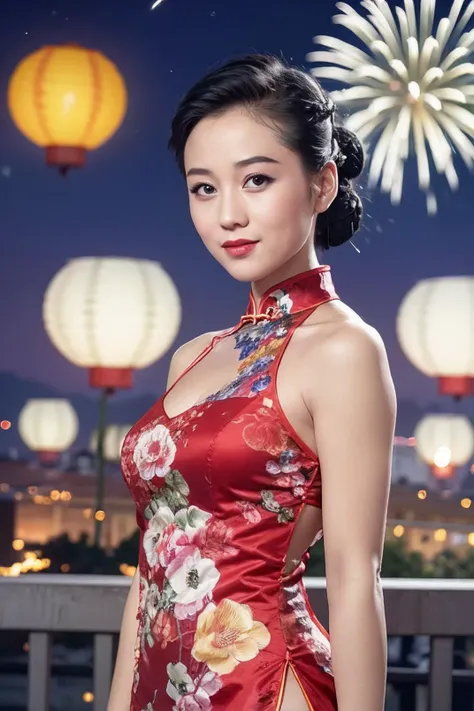 <lora:Lizhi-May11-000040:0.55>  ,
Ray Tracing, realistic, dramatic,street,paper lantern,new year, night,fireworks, 
1girl, qipao, side slit, looking at viewer, light smile,