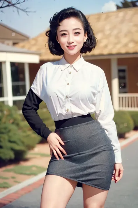 <lora:Lizhi-May11-000040:0.65> 1girl, (looking at viewer), (bokeh:1.2), (light smile), realistic, hand on hip,pointing at viewer, , tights,pencil skirt,
yard,house_outside,
best quality, (photorealistic:1.4), ultra highres,