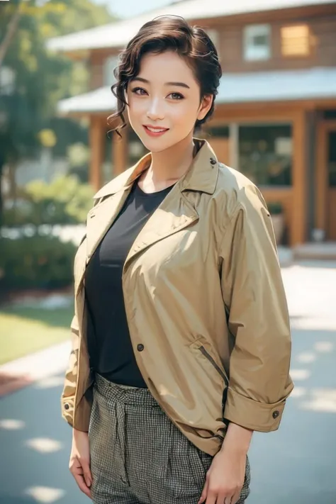 <lora:Lizhi-May11-000040:0.65> 1girl, (looking at viewer), (bokeh:1.2), (light smile), realistic, arm behind head, jacket,pants,
yard,house_outside,
realistic,