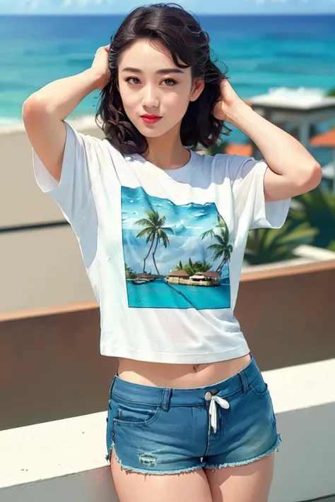<lora:Lizhi-May11-000040:0.65> 1girl, (looking at viewer), light smile, bokeh, (parted lips), realistic, arm behind head, t-shirt,shorts,legwear,
ocean, tropical_island,rooftop,
