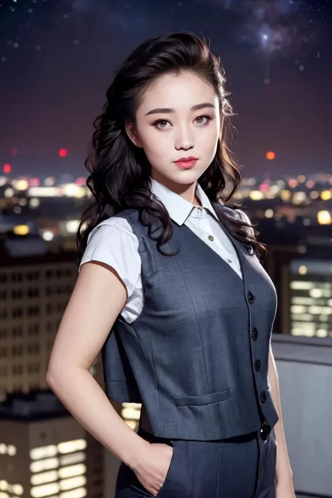 <lora:Lizhi-May11-000040:0.5>  1girl, (looking at viewer), light smile, bokeh, (parted lips), realistic, hand on hip,long hair, vest,
city lights, starry sky,rooftop,