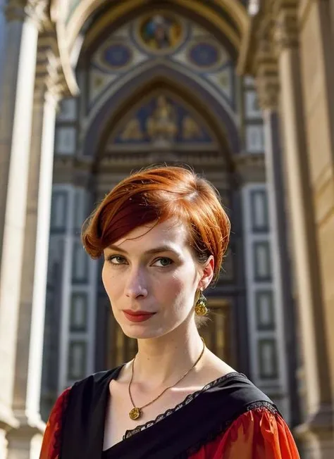 portrait of sks woman in Florence, at the Duomo di Firenze, by Flora Borsi, style by Flora Borsi, bold, bright colours, ((Flora Borsi)), by Tim Walker, <lora:lora-small-felicia-day-v1:1>