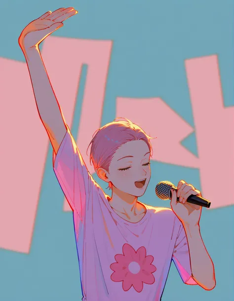 best quality, masterpiece, score_9, score_8_up, score_7_up, source_anime, rating_safe,
1boy, solo, adult, idol, shirt, pink shirt, baggy shirt, pink hair, mullet, singing, microphone,
no background, white background, photoshoot, studio lighting,