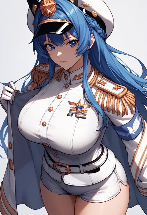 score_9, score_8_up, score_7_up, source_anime BREAK 1girl, solo, <lora:helm-nikke-richy-v1_pdxl:1> helmdef, blue hair, long hair, braid, peaked cap, blue eyes, epaulettes, military uniform, white jacket, armband, white gloves, belt, white shorts, thighs, large breasts, standing, looking at viewer, hair intakes, long legs, thick thighs