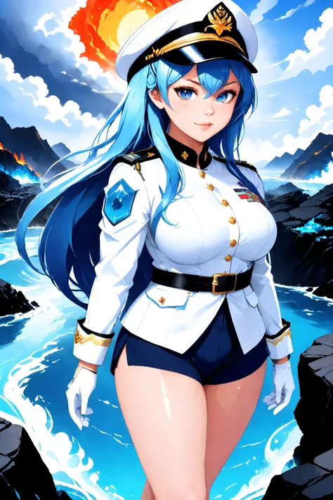 1girl, solo, <lora:helm-nikke-richy-v1_pdxl:1> helmdef, blue hair, long hair, braid, peaked cap, blue eyes, epaulettes, military uniform, white jacket, armband, white gloves, belt, white shorts, thighs, anime style
Volcanic landscape and lava rivers and smoke,
masterpiece, best quality, highres,