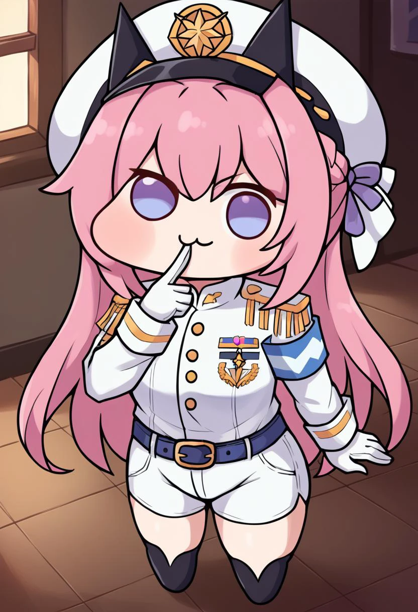 score_9, score_8_up, score_7_up, score_6_up,
BREAK
source_anime,
BREAK
<lora:Doro_X_PDXL_V1:0.9>, doro, creature, chibi, pink hair, purple eyes, hair bun, hair bow, four legs, solid circle eyes, no pupils, no humans, white skin,
looking at viewer, ;3, finger to mouth, hand on own face, clenched hand,
BREAK
<lora:helm-nikke-richy-v1_pdxl:0.8>, helmdef, peaked cap, blue eyes, epaulettes, military uniform, white jacket, armband, white gloves, belt, white shorts, thighs,
BREAK
<lora:darkstyle:0.8>, neodark