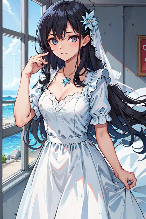 ultra realistic 8k cg, masterpiece, intricate detail,best quality, chromatic aberration, 1girl, long hair, eye highlights,sharp eyes, wedding_dress,<lora:huahuo:0.8>