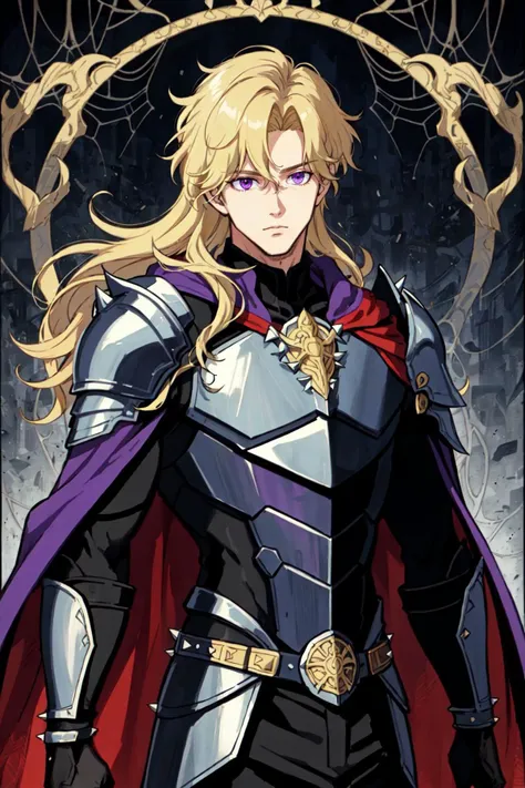 Cent-Angle:0.6, solo, long hair, blonde hair, 1boy, male focus, cape, armor, shoulder armor, spikes, shoulder spikes, purple cape, in the style of jim lee, art by artgerm,