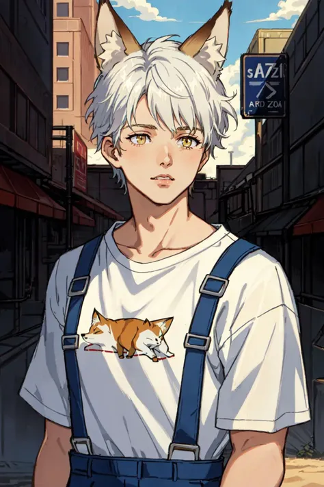 solo, 1boy, white hair, yellow eyes, norman rockwell art, anthro, furry, fox ears, animal ears, animal ear fluff, tshirt, white shirt, coveralls, sandstorm scene, urban area, Arizona, sandstorm, expressive, detailed, semi realistic, vintage, retro,