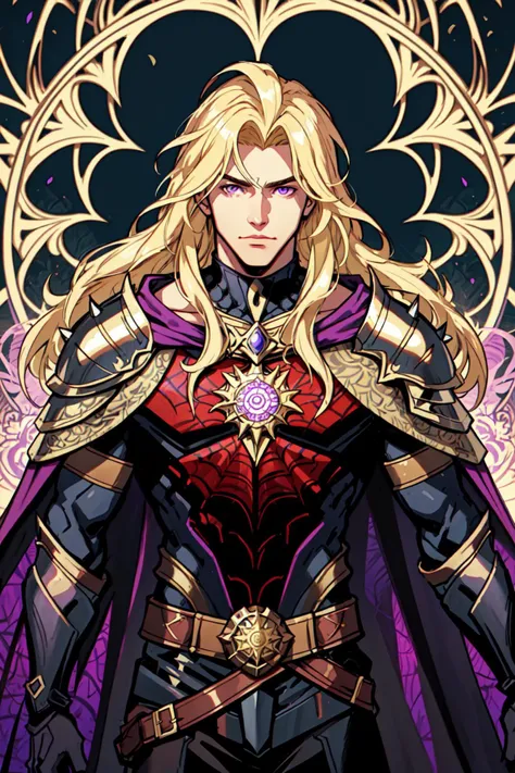 Cent-Angle:0.6, solo, long hair, blonde hair, 1boy, male focus, cape, armor, shoulder armor, spikes, shoulder spikes, purple cape, in the style of jim lee, art by artgerm,