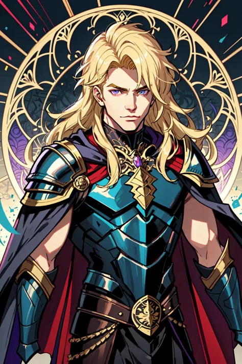 Cent-Angle:0.6, solo, long hair, blonde hair, 1boy, male focus, cape, armor, shoulder armor, spikes, shoulder spikes, purple cape, in the style of jim lee, art by artgerm,