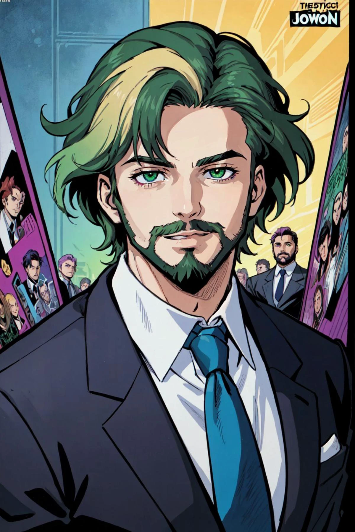 (masterpiece, best quality, ultra-detailed, highres, best illustration), 1boy, male focus, solo, heterochromia, purple eyes, green eyes, facial hair, necktie, smile, beard, gradient hair, ombre hair, multicolored hair, dyed bangs, blonde hair, purple hair, green hair, formal, looking at viewer, prison clothes, black and white striped suit, suit, indoors, office building, in the style of corporate punk, extremely detailed, by Jack Kirby, Adam Hughes and Terry Dodson, award winning movie poster, in the style of Beetlejuice, because fuck corporations, oh and genocide is evil, Rob Liefield styled 1990s rock star comic book art, ink hatching, art by jim lee and joemad, detailed background, comic book style, inked lines, ultra sharp, extremely detailed, detailed eyes, detailed face