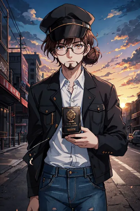 1boy, solo, male focus, glasses, shirt, hat, brown hair, white shirt, cigarette, round eyewear, smoking, black headwear, fedora hat, collared shirt, upper body, smoke, stubble, jacket, facial hair, hair bun, single hair bun, brown jacket, freckles Earth-QualityPos DuskMovie