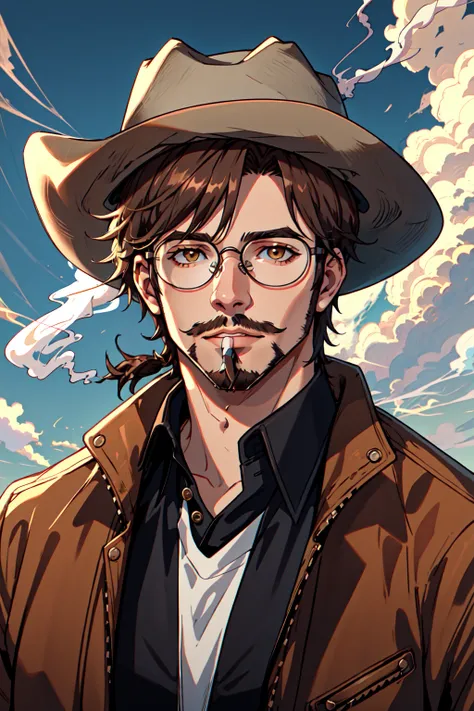 1boy, solo, male focus, glasses, shirt, hat, brown hair, white shirt, cigarette hanging from mouth, smoking cigarette, round eyewear, black headwear, cowboy hat, collared shirt, upper body, stubble, jacket, facial hair, hair tied back, brown jacket, clouds, detailed background