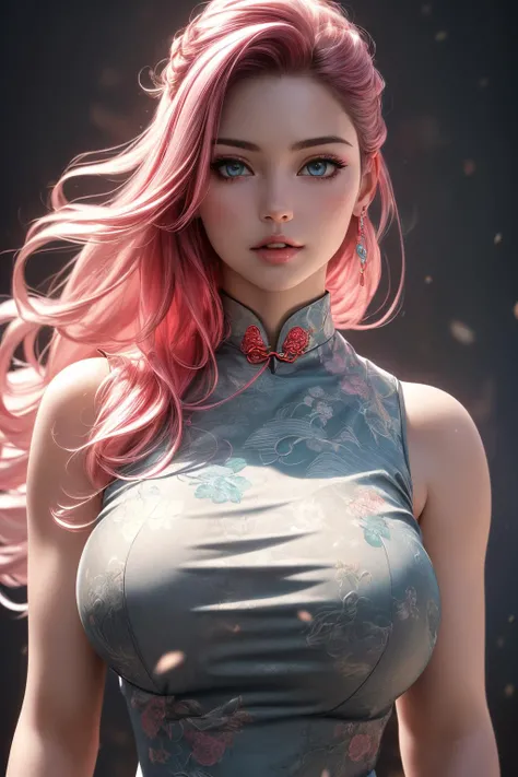 (ultra realistic,32k, masterpiece:1.2),(high detailed skin:1.1), 8k uhd, dslr, high quality, (thick\lips\),
1girl,pink hair, long hair,(aqua eyes:0.9),<lora:Fashion cheongsam_20231207093219:0.7>Columbia Blue Fashion cheongsam, jewlery,, , <lora:add_detail:0.85>, huge breast,
(looking at viewer, portrait:1.1),,
,(soft shaded neon light:1.1), blank background