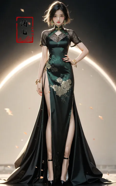 Black background,Fashion cheongsam
nail polishlace trimgradientcontrappostoemerald green long dresslace
red lips (full body:0.8), fishnets
<lora:Fashion cheongsam_20231207093219:0.7>