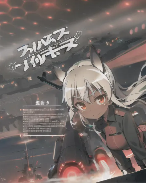 <lora:STRIKEWITHCES2:1>, (strike_witches:1.2), (shimada fumikane:1.3), dark skin, red eyes, glowing red lights, military, uniform, military uniform, (mecha:1.2), mecha musume, neuroi, night, night sky, glowing lights, battle 1girl, (aircraft:1.1), animal ears, jacket, long hair, looking at viewer, military, military uniform, military vehicle, motor vehicle, smile, solo, striker unit, text, japanese text, white text