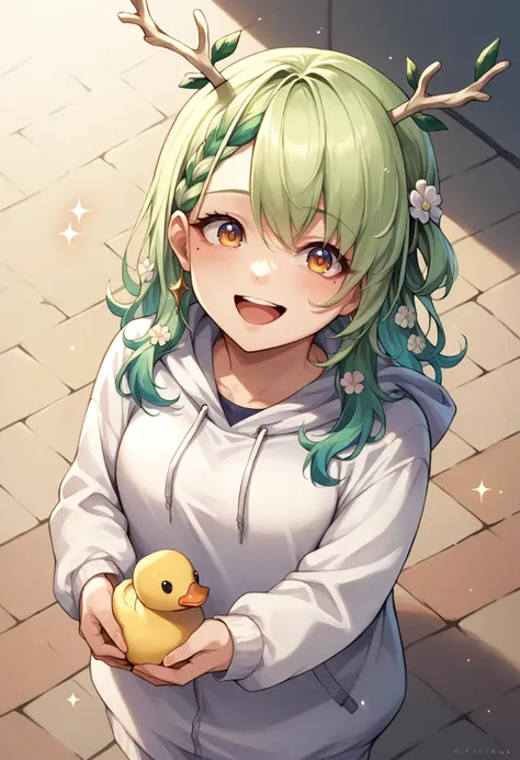 score_9, score_8_up, source_anime, 1girl, solo, CeresFauna, mole under eye, antlers, long hair, braided bangs, hair flowers, white hoodie, from above, excited, sparkles, smile, open mouth, duck, holding animal, <lora:ChamCeresFaunaPonyXL:1>